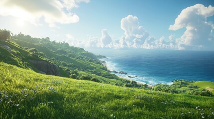 Fototapeta premium Panoramic view of the tranquil ocean from a lush green hill perfect for travel brochures and nature themed projects