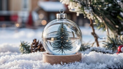 Christmas Glass Ball with Tree: Festive Ornament on Winter Wonderland Background
