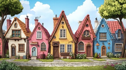 Vibrant old houses with unique architectural features in a quaint village setting reflecting cultural heritage