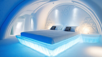 A unique hotel room with ice walls and a glowing bed design exuding tranquility