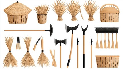 Assorted traditional bamboo crafts and tools on a white isolated background.