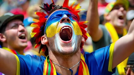 Passionate soccer fan with vivid face paint and feathered headgear, exuding excitement at a sporting event