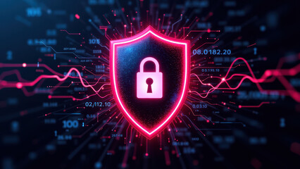 Cybersecurity shield with digital background.