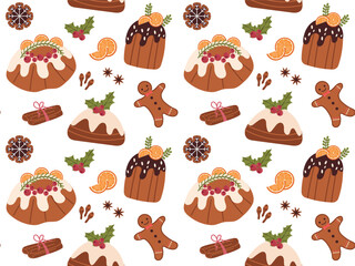 Seamless pattern with Christmas baking. Vector illustration of delicious holiday cake with icing, oranges, cinnamon. perfect for wrapping paper, holiday background, textile