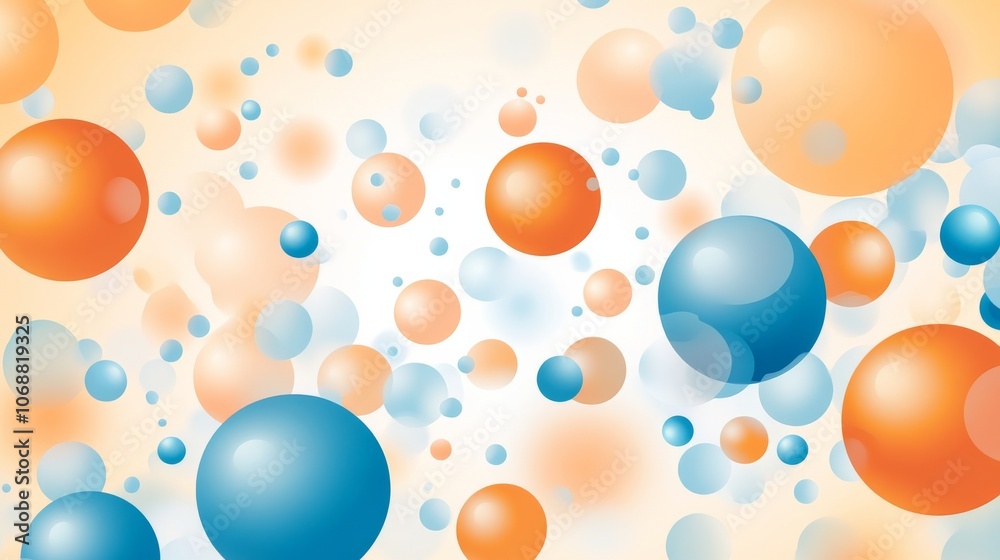 Poster abstract composition of colorful spheres with orange and blue bubbles on a light background. creativ