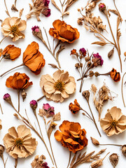 A collection of dried everlasting flowers on a white background.