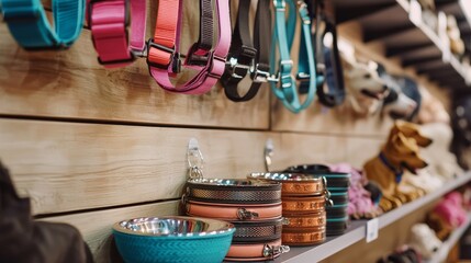 wide array dog accessories showcased pet store featuring colorful collars harnesses leashes and stylish bowls food and water enticing pet owners.