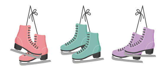 Set of hanging ice skates on white background. Figure skating icons. Ice skates icons for winter sports. Flat illustration