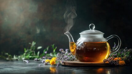 A Glass Teapot Filled with Herbal Tea and Steam