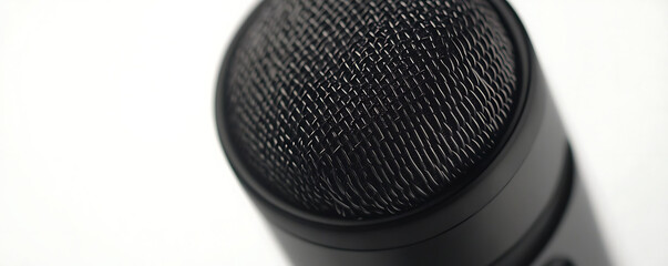 A close-up view of a black microphone with a textured mesh grille, isolated on a clean white background, showcasing professional recording equipment suitable for audio