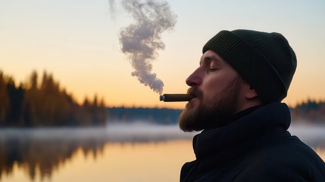 A man with a beard smokes a cigar by a serene lake at sunrise, surrounded by trees and mist, creating a peaceful, contemplative atmosphere.