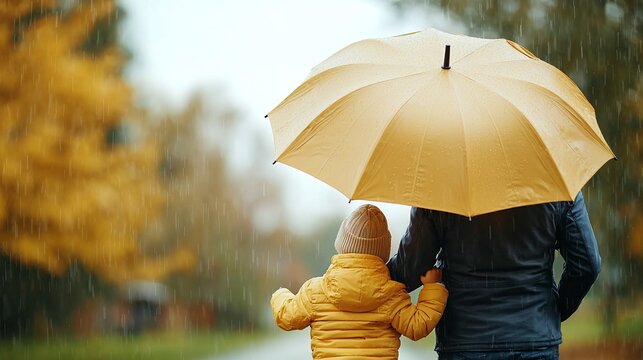 Family rain protect concept. A person and child walk under a yellow umbrella in the rain, surrounded by autumn foliage, creating a cozy and protective atmosphere.