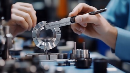 Engineer inspecting a mechanical part with calipers, precision measurement, high-quality manufacturing