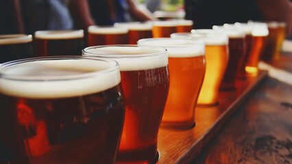 Various craft beers are presented in glasses at a lively tasting event
