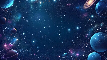 Glowing Cosmic Frame of Stars and Planets in Twinkling Galaxy Background