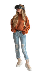 Smiling young girl wearing a casual clothes enjoying relaxing with virtual reality goggles isolated on a clipped PNG transparent background