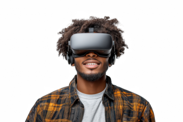 Young afro man smiling using virtual reality headset wearing casual clothes isolated on a clipped PNG transparent background