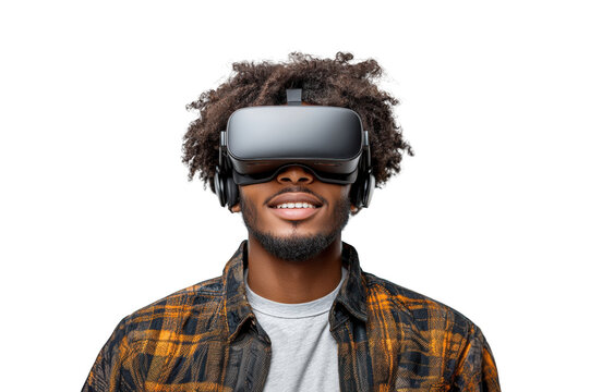 Young afro man smiling using virtual reality headset wearing casual clothes isolated on a clipped PNG transparent background