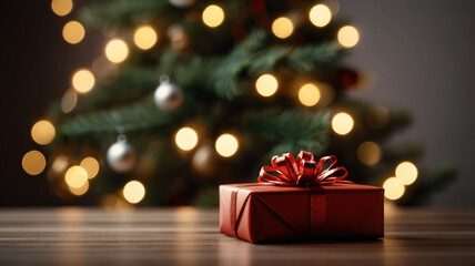 Christmas tree with gifts, festive decorations, close up, bokeh lights. copy space