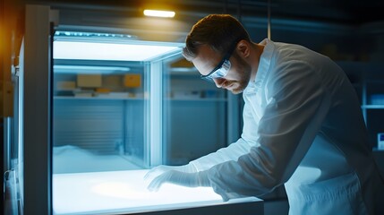 Fototapeta premium Technician using a light box to inspect product surface finishes, surface inspection, visual quality control