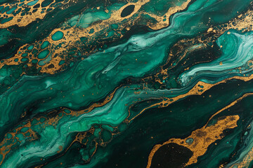 Luxurious Emerald Green and Gold Marble Texture with Fluid Ink Art, Perfect for Elegant Branding, Modern Interior Design, and Artistic Digital Projects