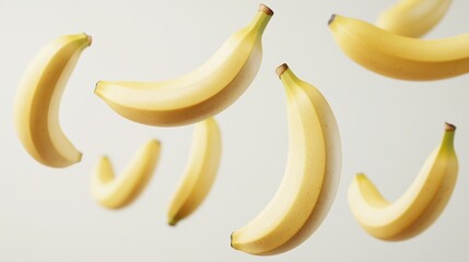 Top view of several bananas scattered on a white background.