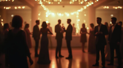 Naklejka premium Silhouettes of people at a corporate event, dancing in a luxurious hall, blurred image