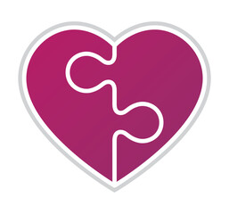 Vector illustration of a pink heart, divided into two parts resembling a puzzle. It symbolizes love. Isolated on white background