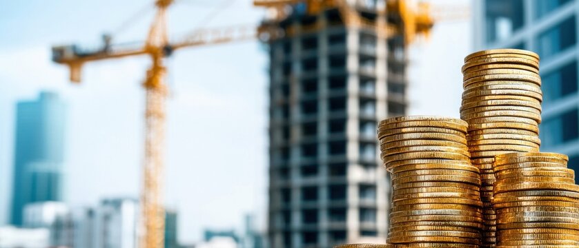 Stacks of coins in foreground with construction site in background representing finance and investment in building projects.
