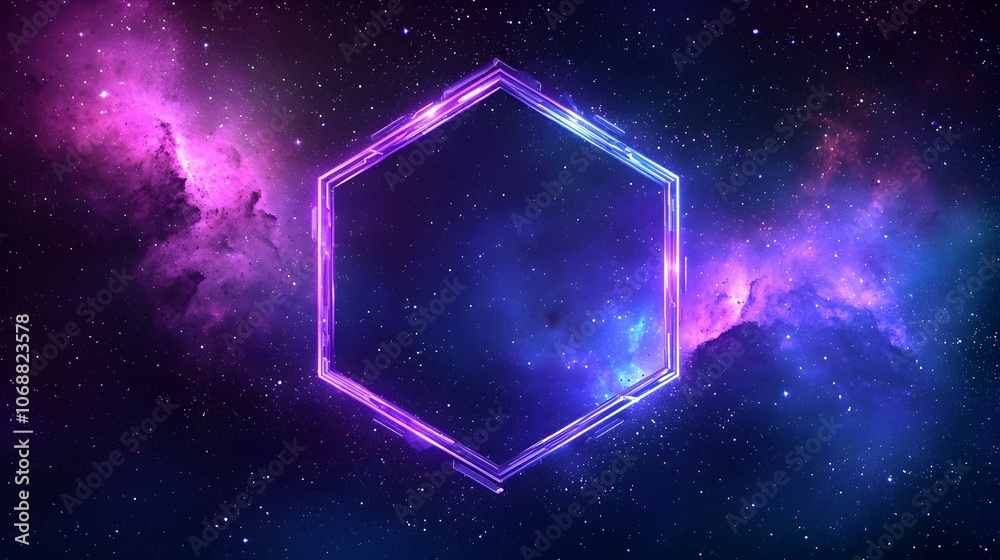 Poster glowing sci fi hexagonal frame with floating particles in deep space galaxy background