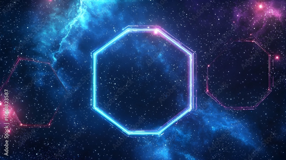 Poster glowing sci fi hexagonal frame with floating particles in cosmic deep space background