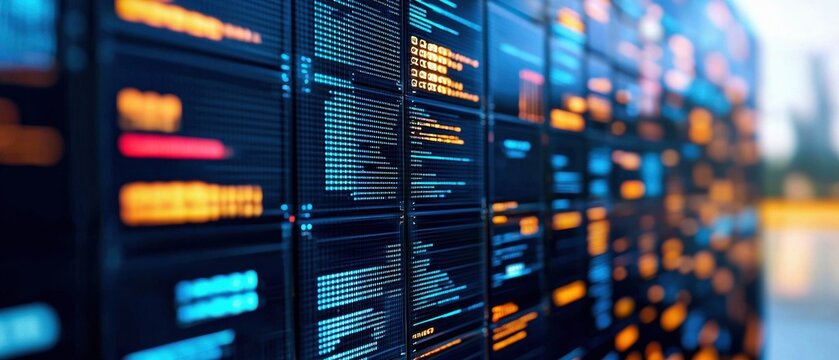Futuristic digital interface with colorful data visualizations and graphs on a dark background. - Powered by Adobe