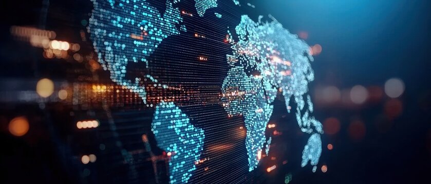 Digital world map with data visualization elements in a futuristic design.