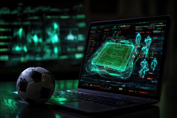 Soccer analytics on laptop screen with glowing graphics and ball, betting and online gaming