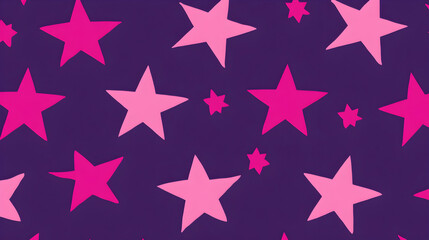 Obraz premium Seamless pattern of pink and purple stars on a dark purple background.
