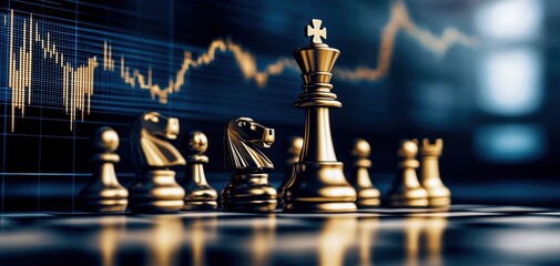Chess pieces in focus with stock market graph in background, symbolizing strategy and decision-making in finance.