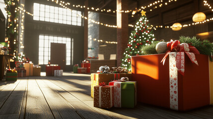 Holiday Warehouse with Christmas Tree and Gift Boxes