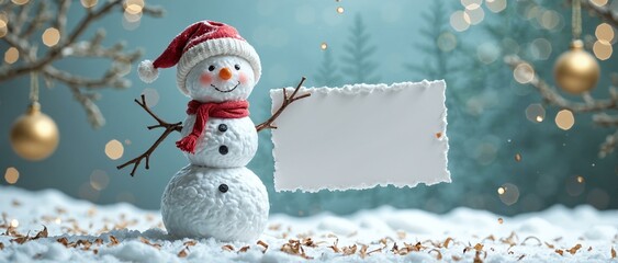 Festive Snowman with Copy Space Board for Winter Holiday Greetings
