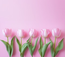 Fototapeta premium Soft and elegant row of pink tulips against a pastel pink background, showcasing delicate beauty and romantic charm, ideal for floral arrangements and feminine themed designs