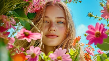 Naklejka premium The Girl Among Vibrant Flowers