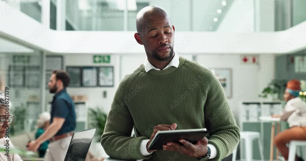 Poster black man, tablet and thinking at creative agency and coworking for content creation and post idea. 