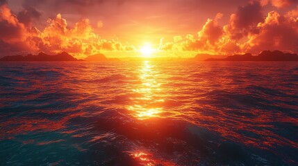 Fototapeta premium Breathtaking ocean sunset with vibrant colors, dramatic clouds, and serene water reflections, creating a tranquil and picturesque seascape perfect for nature and travel themes