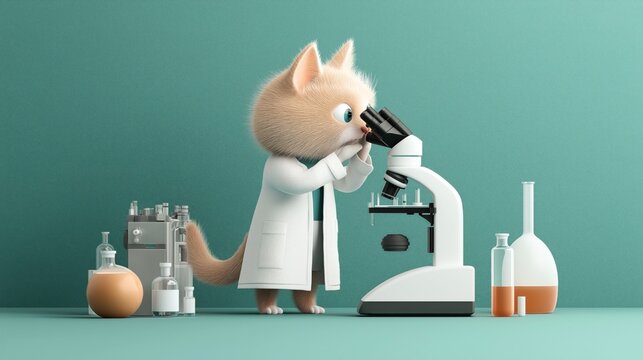 Cartoon cat in a lab coat using a microscope surrounded by laboratory equipment and beakers against a teal background.