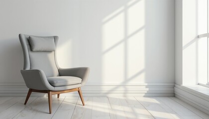 Stylish gray armchair with wooden legs in bright minimalist interior with natural light