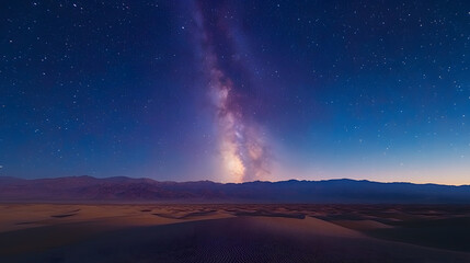 Fototapeta premium An immersive photography of a vast desert landscape under a star-filled night sky, with the Milky Way arching above and casting a soft glow over the endless dunes, evoking a sense of wonder...