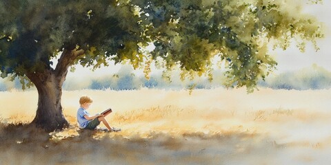 Fototapeta premium Young Boy Enjoys a Book Under a Shady Tree in Nature