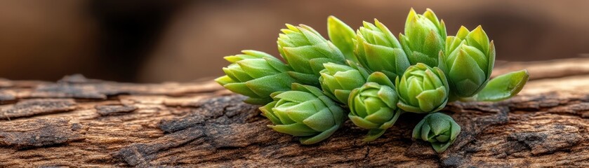 Obraz premium Close-up of Delicate Spring Tree Buds Unfurling in Soft Sunlight, New Greenery Emerging on a Branch, Nature's Rebirth, Fresh Growth, Seasonal Change, Early Spring, Macro Photography, Green Buds