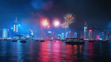 Fototapeta premium Colorful fireworks over city skyline at night.