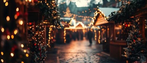 Fototapeta premium Explore enchanting christmas market stalls adorned with twinkling lights and festive decor