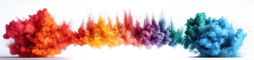 Obraz premium Vibrant bursts of colorful powder in rainbow hues, creating an abstract and energetic visual explosion, ideal for dynamic and festive backgrounds in creative design projects, Panorama